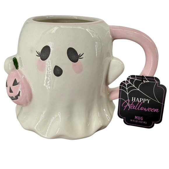 Halloween Eyelash Blush Ghost Mug Pink Pumpkin 18oz Global Design Connections - Picture 2 of 14